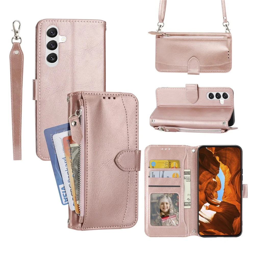 For Samsung Galaxy S26 Case Zipper Pocket Leather Phone Cover with Crossbody Shoulder Strap - Rose Gold - 1