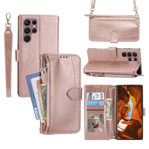 For Samsung Galaxy S26 Ultra Case Zipper Pocket Leather Phone Cover with Crossbody Shoulder Strap - Rose Gold - 1