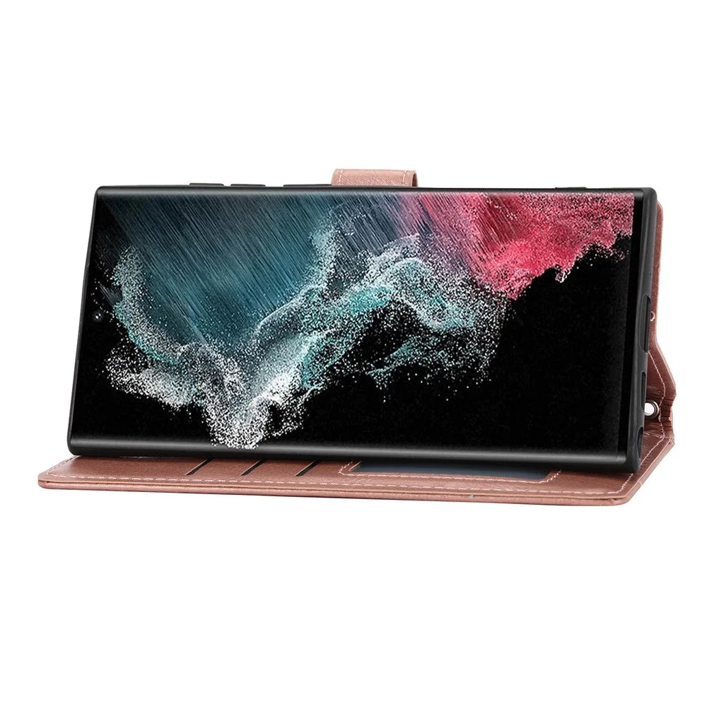 For Samsung Galaxy S26 Ultra Case Zipper Pocket Leather Phone Cover with Crossbody Shoulder Strap - Rose Gold - 3