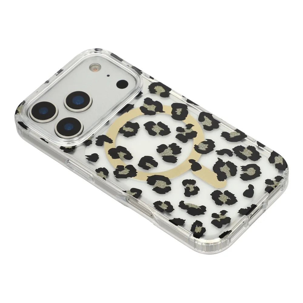 For iPhone 17 Pro Magnetic Case Clear Anti-Yellowing PC + TPU Phone Back Cover Leopard Print Design - Black - 3