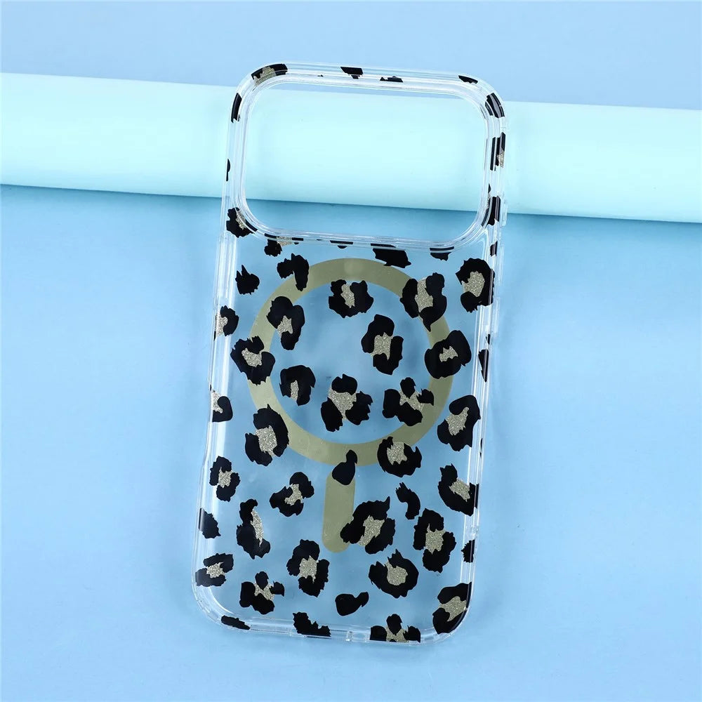 For iPhone 17 Pro Magnetic Case Clear Anti-Yellowing PC + TPU Phone Back Cover Leopard Print Design - Black - 5