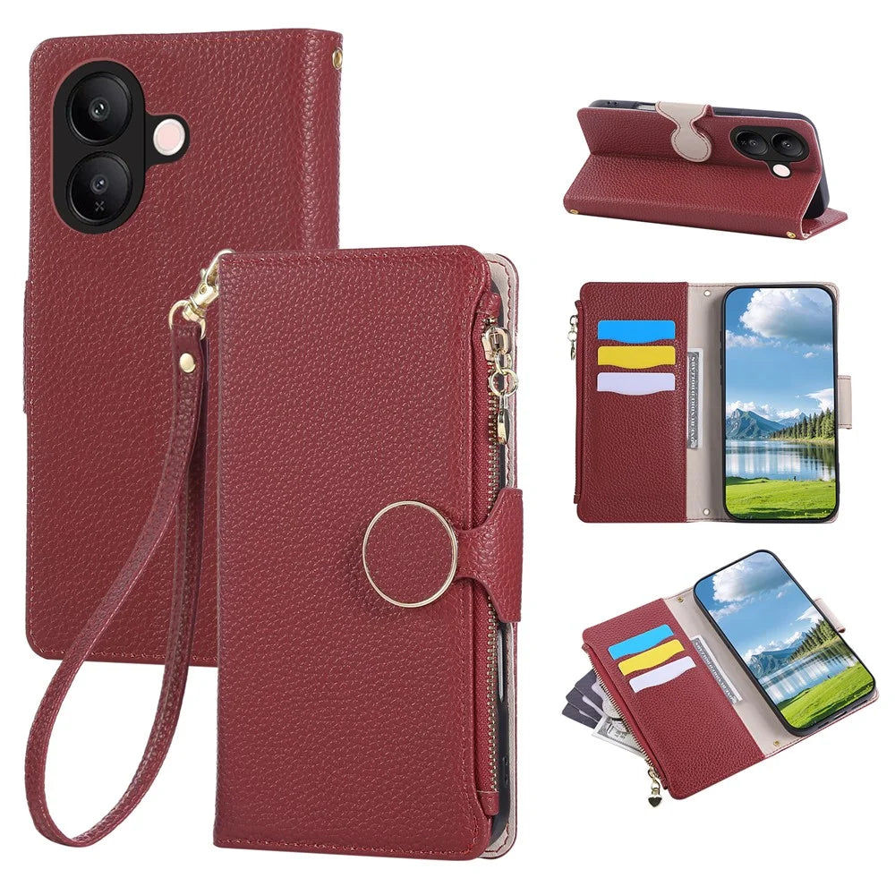 For vivo V60 Lite 5G Case Zipper Wallet Leather Phone Cover with Wrist Strap - Wine Red - 1