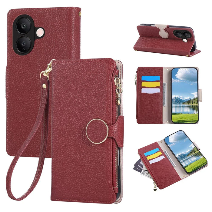 For vivo V60 Lite 5G Case Zipper Wallet Leather Phone Cover with Wrist Strap - Wine Red - 1
