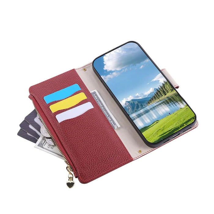 For vivo V60 Lite 5G Case Zipper Wallet Leather Phone Cover with Wrist Strap - Wine Red - 5