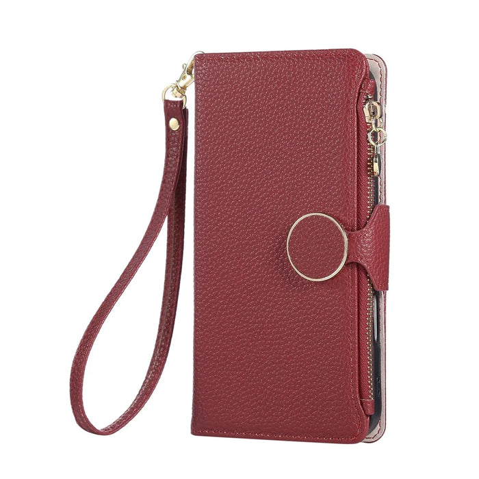 For vivo V60 Lite 5G Case Zipper Wallet Leather Phone Cover with Wrist Strap - Wine Red - 6