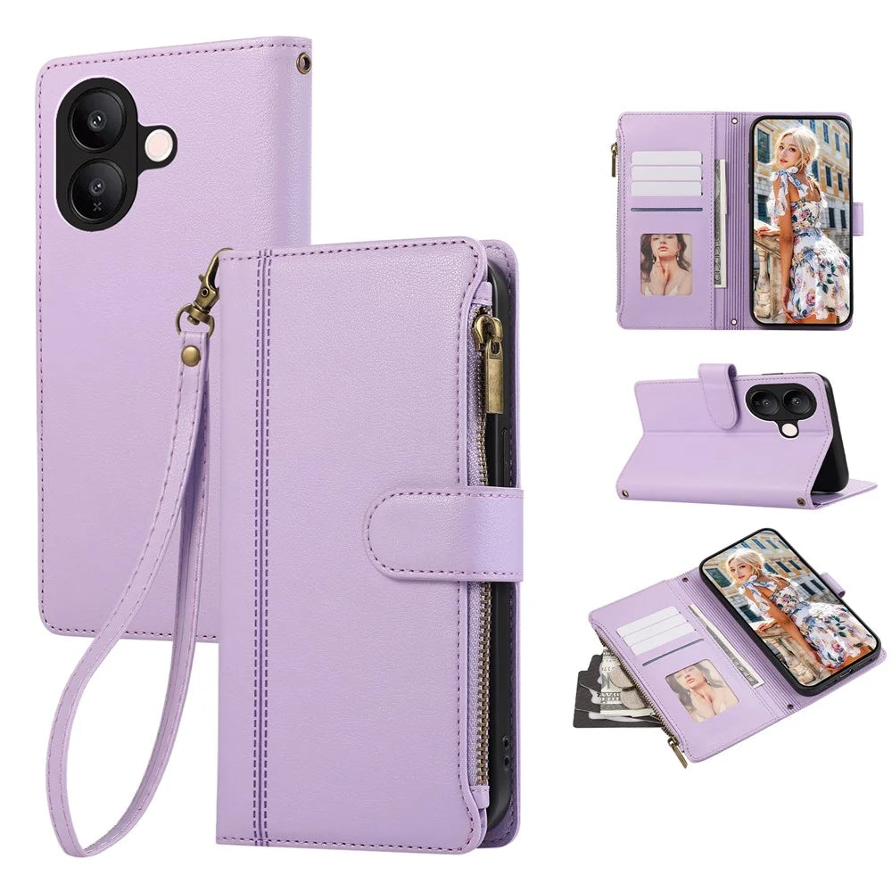 For vivo V60 Lite 5G Case Multi Card Slots Zipper Leather Phone Cover with Wrist Strap - Purple - 1