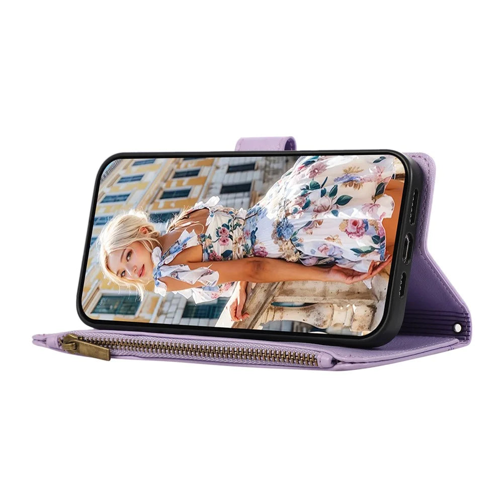 For vivo V60 Lite 5G Case Multi Card Slots Zipper Leather Phone Cover with Wrist Strap - Purple - 3