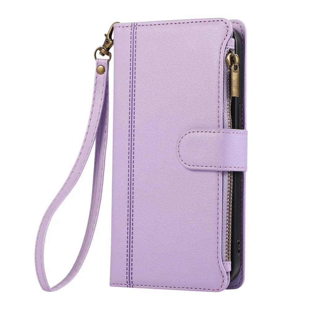 For vivo V60 Lite 5G Case Multi Card Slots Zipper Leather Phone Cover with Wrist Strap - Purple - 6