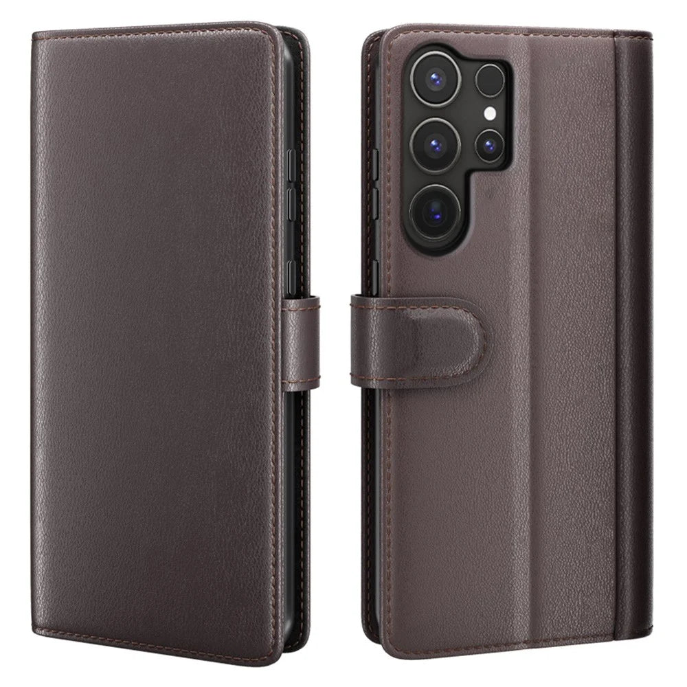 AMORUS For Samsung Galaxy S24 Ultra Stand Cases Calf Texture Genuine Split Leather Wallet Phone Cover - Brown - 1