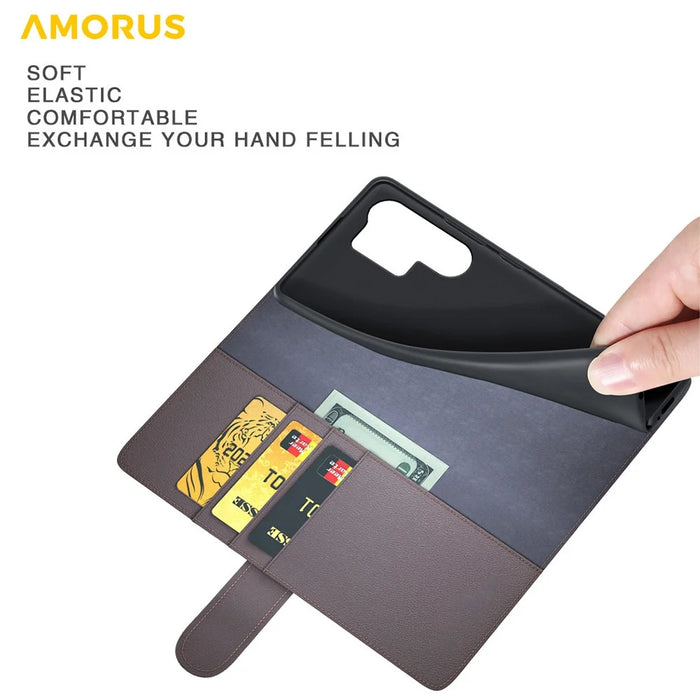 AMORUS For Samsung Galaxy S24 Ultra Stand Cases Calf Texture Genuine Split Leather Wallet Phone Cover - Brown - 5
