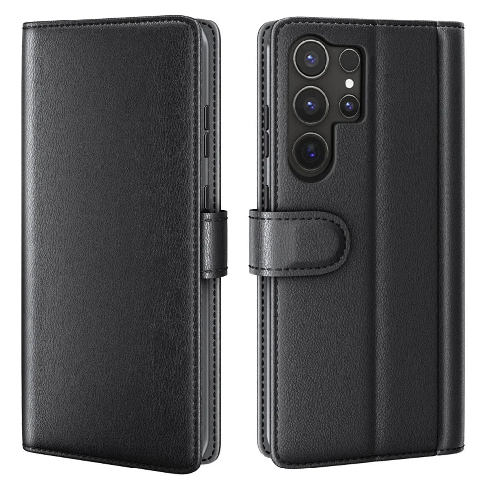 AMORUS For Samsung Galaxy S22 Ultra 5G Stand Cases Calf Texture Genuine Split Leather Wallet Phone Cover - Black - 1