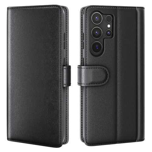 AMORUS For Samsung Galaxy S22 Ultra 5G Stand Cases Calf Texture Genuine Split Leather Wallet Phone Cover - Black - 1