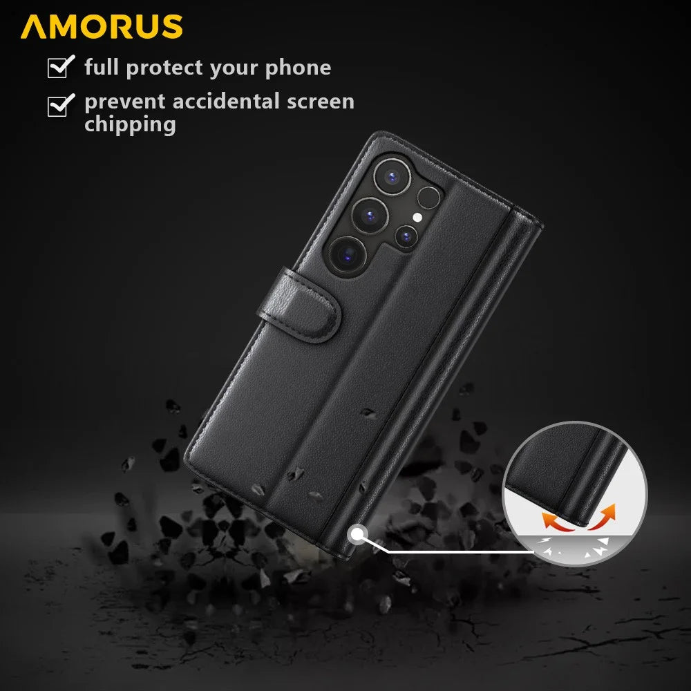 AMORUS For Samsung Galaxy S22 Ultra 5G Stand Cases Calf Texture Genuine Split Leather Wallet Phone Cover - Black - 4