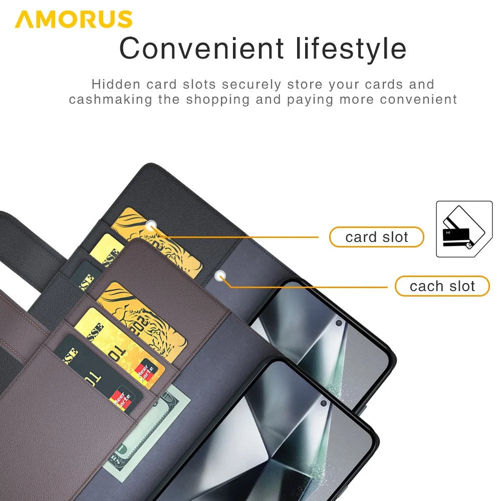 AMORUS For Samsung Galaxy S22 Ultra 5G Stand Cases Calf Texture Genuine Split Leather Wallet Phone Cover - Black - 6