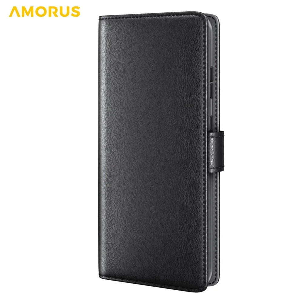 AMORUS For Samsung Galaxy S22 Ultra 5G Stand Cases Calf Texture Genuine Split Leather Wallet Phone Cover - Black - 7
