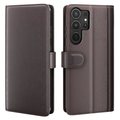 AMORUS For Samsung Galaxy S26 Ultra Stand Cases Calf Texture Genuine Split Leather Wallet Phone Cover - Brown - 1