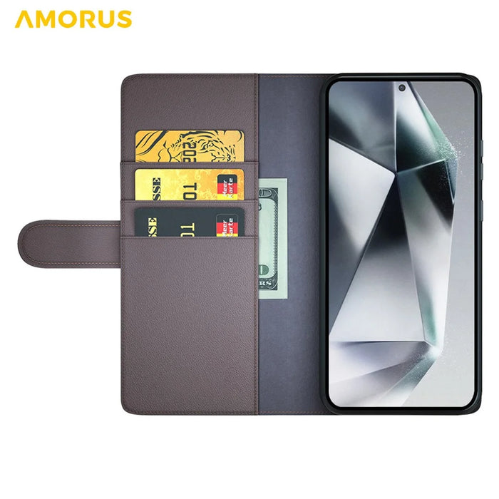 AMORUS For Samsung Galaxy S26 Ultra Stand Cases Calf Texture Genuine Split Leather Wallet Phone Cover - Brown - 2