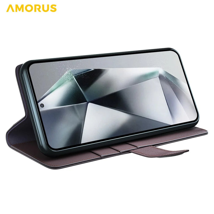 AMORUS For Samsung Galaxy S26 Ultra Stand Cases Calf Texture Genuine Split Leather Wallet Phone Cover - Brown - 3