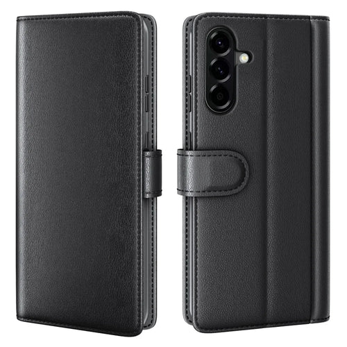 AMORUS For Samsung Galaxy A57 5G Stand Cases Calf Texture Genuine Split Leather Wallet Phone Cover - Black - 1
