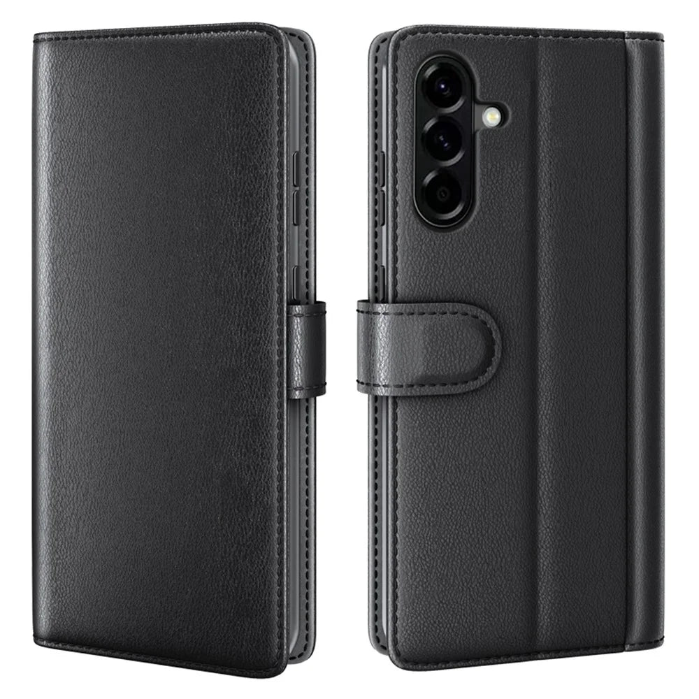 AMORUS For Samsung Galaxy A57 5G Stand Cases Calf Texture Genuine Split Leather Wallet Phone Cover - Black - 1