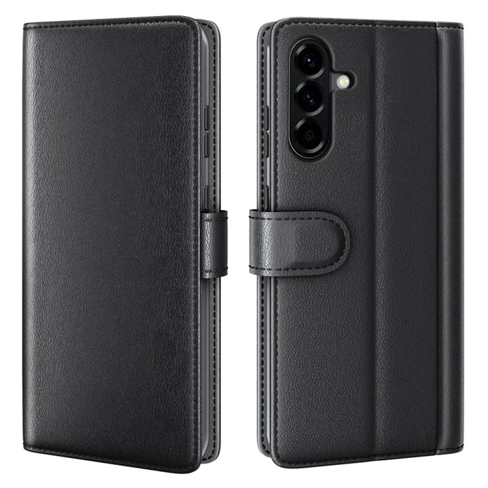 AMORUS For Samsung Galaxy A57 5G Stand Cases Calf Texture Genuine Split Leather Wallet Phone Cover - Black - 1