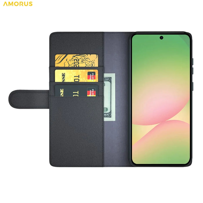 AMORUS For Samsung Galaxy A57 5G Stand Cases Calf Texture Genuine Split Leather Wallet Phone Cover - Black - 2