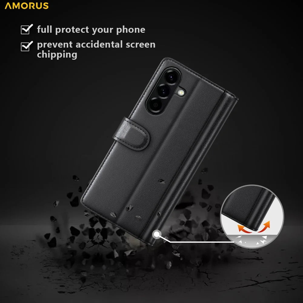 AMORUS For Samsung Galaxy A57 5G Stand Cases Calf Texture Genuine Split Leather Wallet Phone Cover - Black - 4