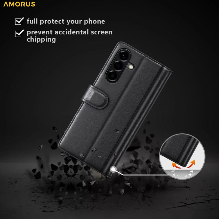 AMORUS For Samsung Galaxy A57 5G Stand Cases Calf Texture Genuine Split Leather Wallet Phone Cover - Black - 4