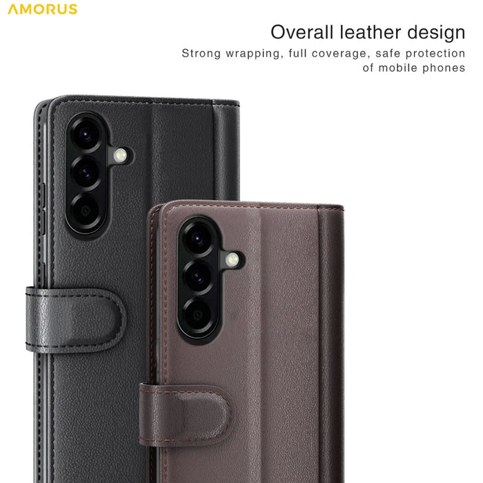 AMORUS For Samsung Galaxy A57 5G Stand Cases Calf Texture Genuine Split Leather Wallet Phone Cover - Black - 5