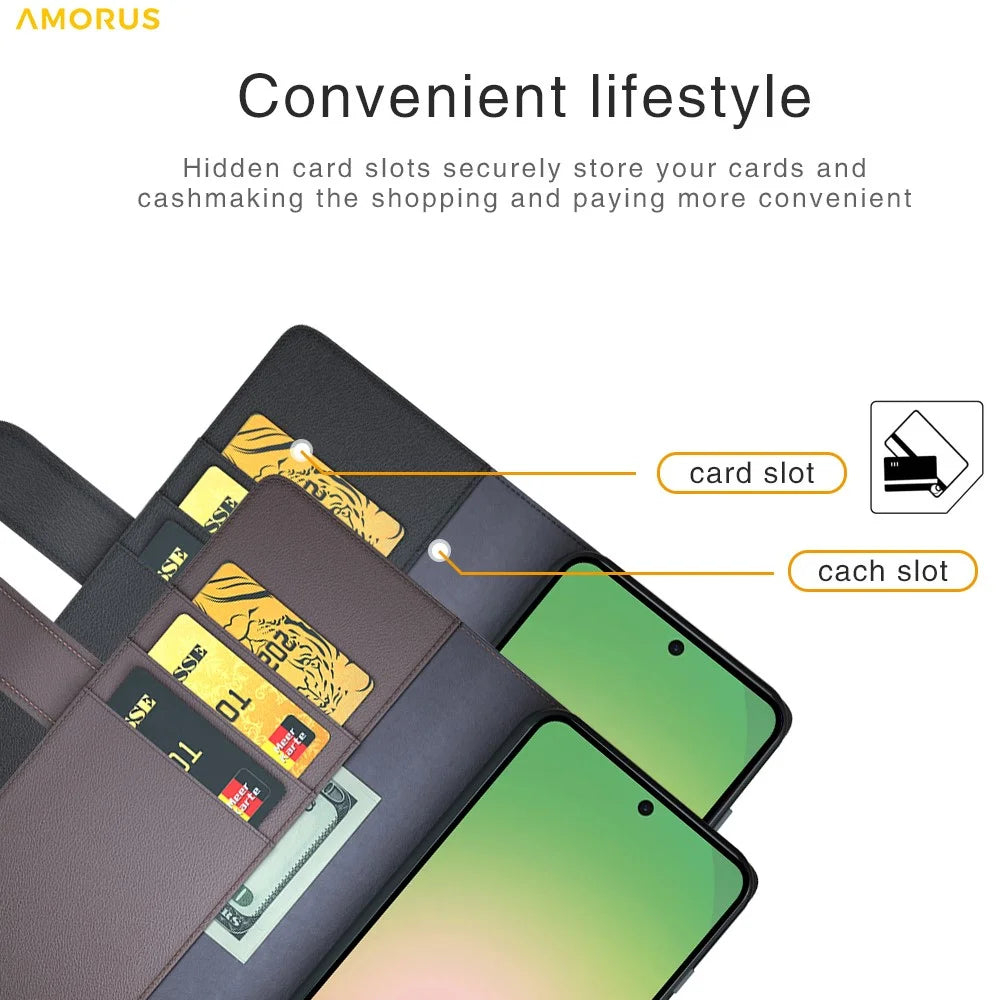 AMORUS For Samsung Galaxy A57 5G Stand Cases Calf Texture Genuine Split Leather Wallet Phone Cover - Black - 6