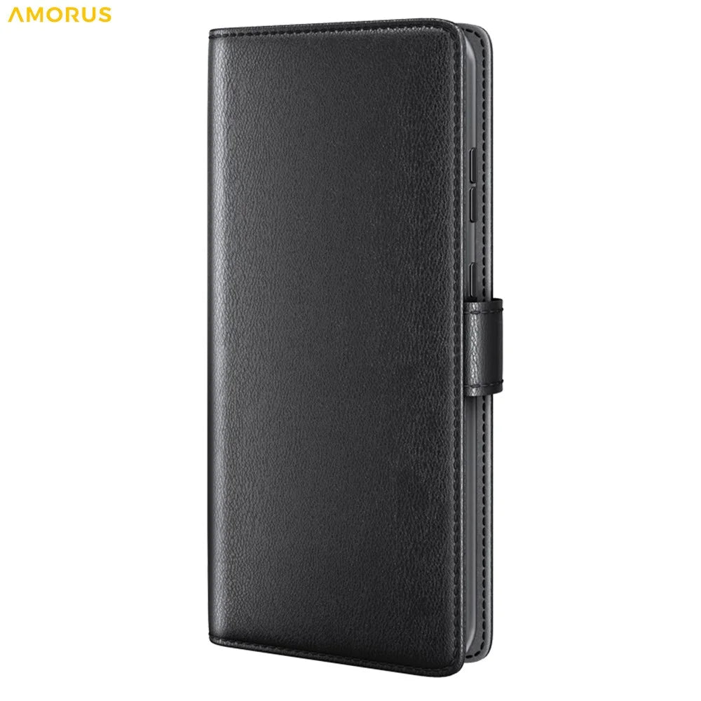 AMORUS For Samsung Galaxy A57 5G Stand Cases Calf Texture Genuine Split Leather Wallet Phone Cover - Black - 7