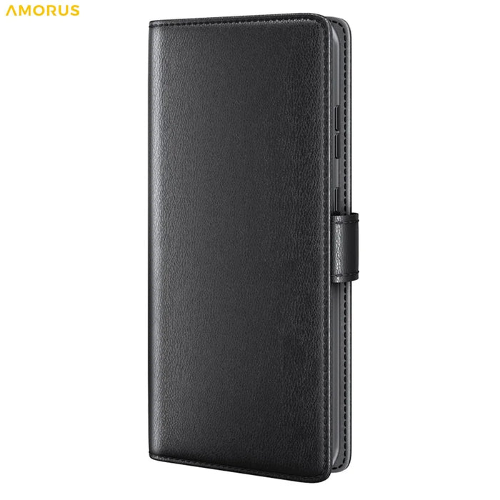 AMORUS For Samsung Galaxy A57 5G Stand Cases Calf Texture Genuine Split Leather Wallet Phone Cover - Black - 7