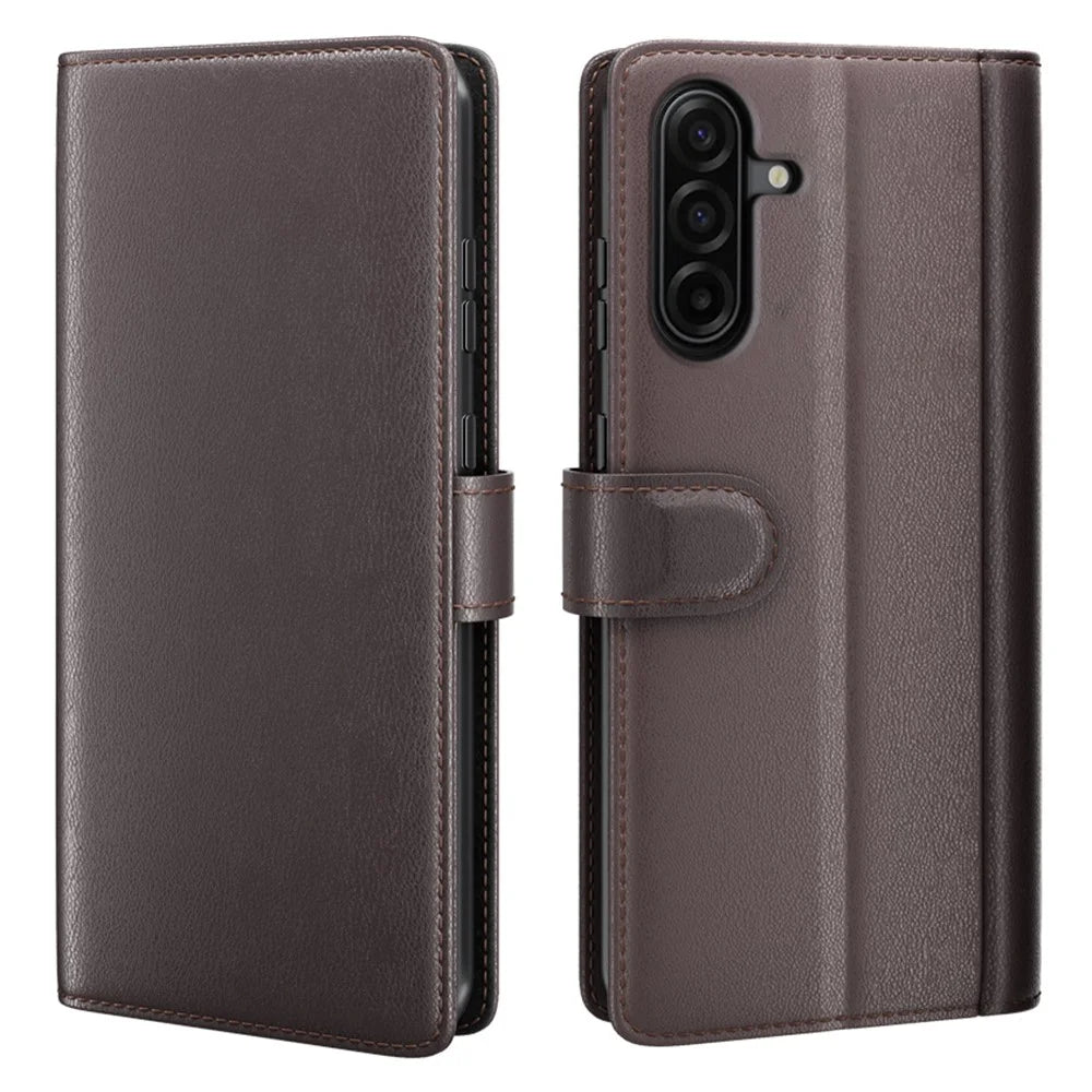 AMORUS For Samsung Galaxy A37 5G Stand Cases Calf Texture Genuine Split Leather Wallet Phone Cover - Brown - 1