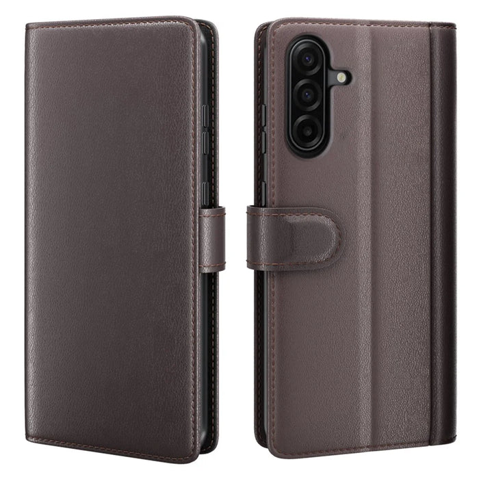 AMORUS For Samsung Galaxy A37 5G Stand Cases Calf Texture Genuine Split Leather Wallet Phone Cover - Brown - 1