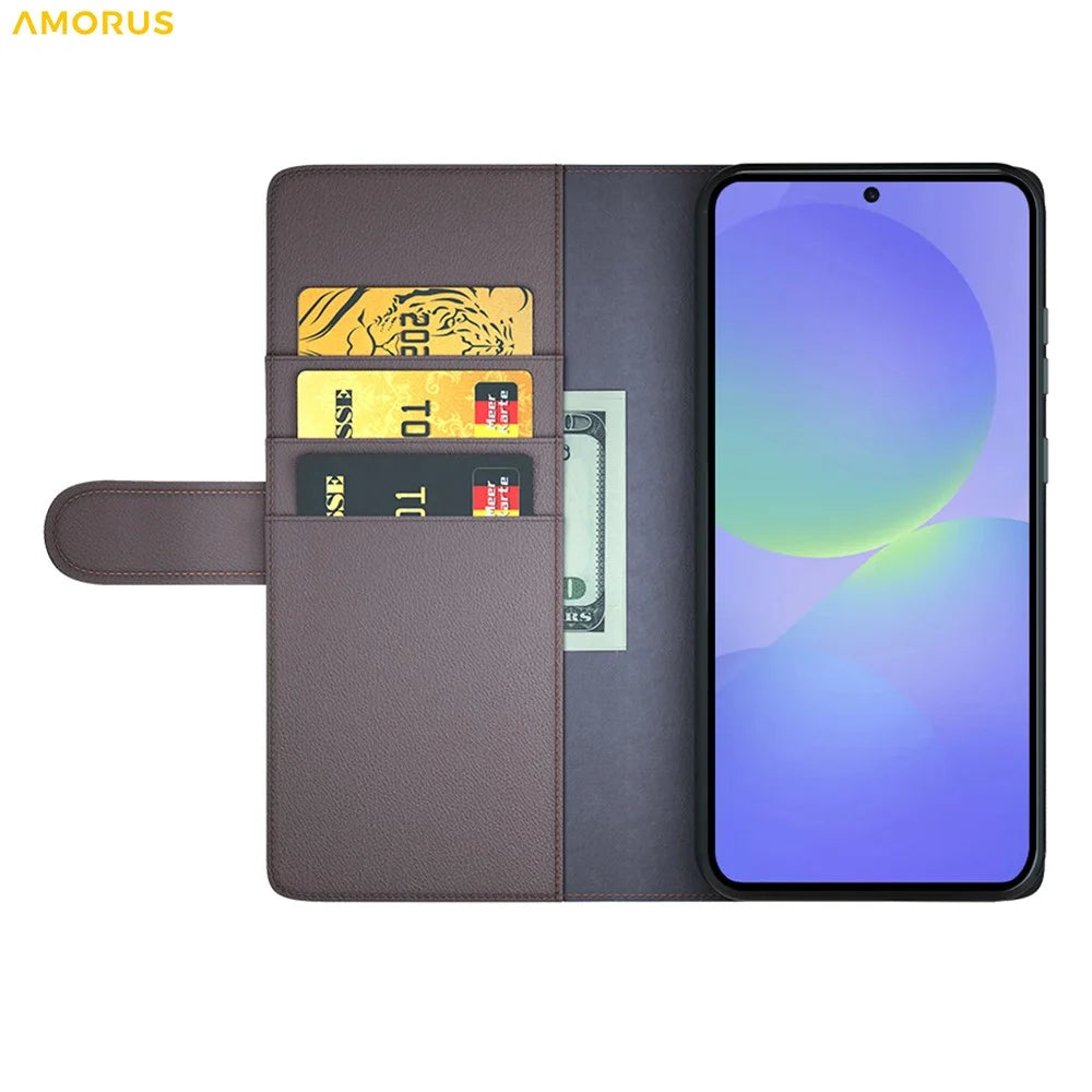 AMORUS For Samsung Galaxy A37 5G Stand Cases Calf Texture Genuine Split Leather Wallet Phone Cover - Brown - 2