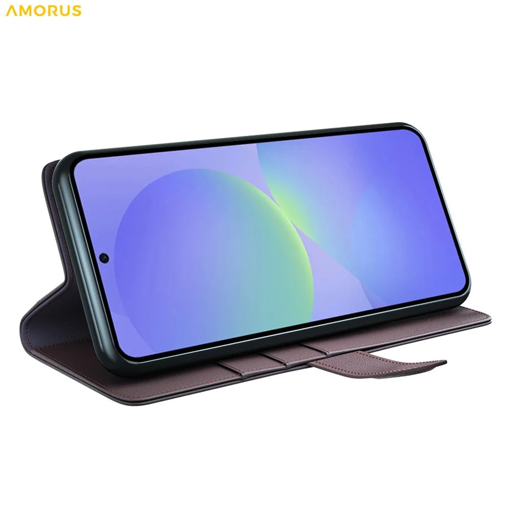 AMORUS For Samsung Galaxy A37 5G Stand Cases Calf Texture Genuine Split Leather Wallet Phone Cover - Brown - 3