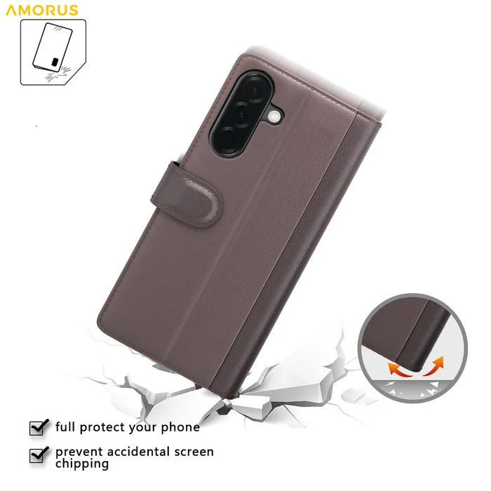 AMORUS For Samsung Galaxy A37 5G Stand Cases Calf Texture Genuine Split Leather Wallet Phone Cover - Brown - 5