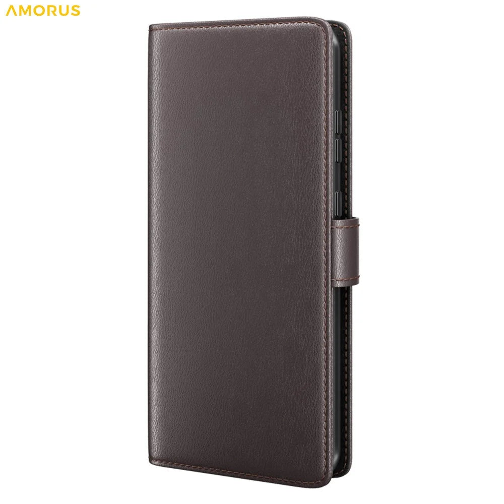 AMORUS For Samsung Galaxy A37 5G Stand Cases Calf Texture Genuine Split Leather Wallet Phone Cover - Brown - 7