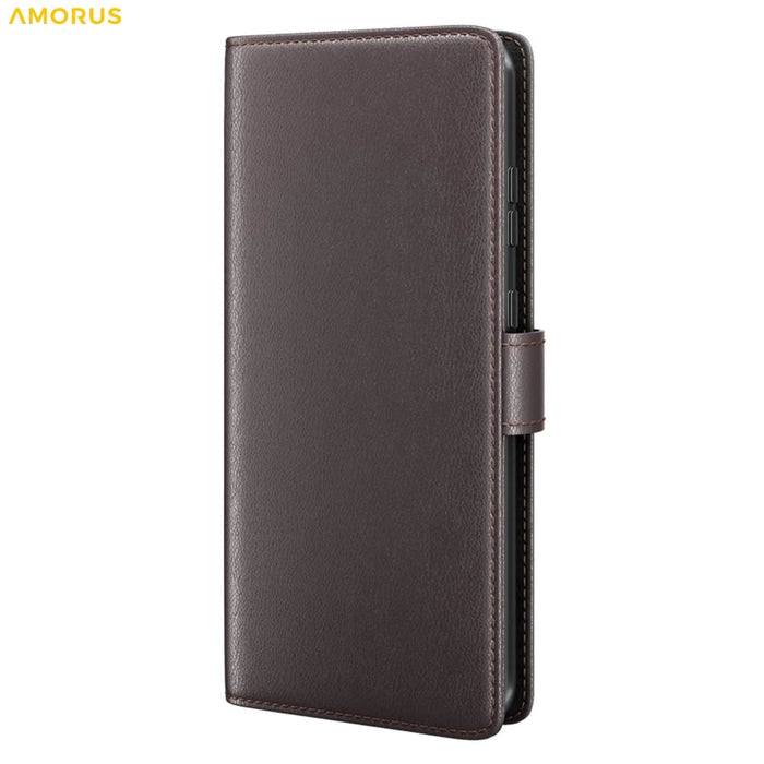 AMORUS For Samsung Galaxy A37 5G Stand Cases Calf Texture Genuine Split Leather Wallet Phone Cover - Brown - 7