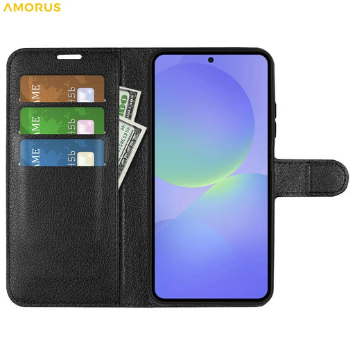 AMORUS For Samsung Galaxy A37 5G Wallet Case Litchi Texture Shockproof Leather Flip Stand Phone Cover - Black - 2