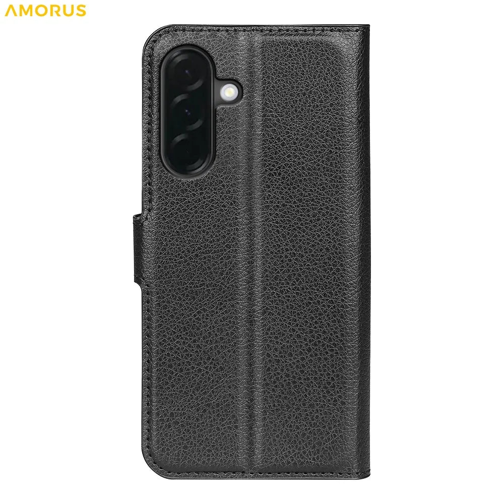 AMORUS For Samsung Galaxy A37 5G Wallet Case Litchi Texture Shockproof Leather Flip Stand Phone Cover - Black - 6
