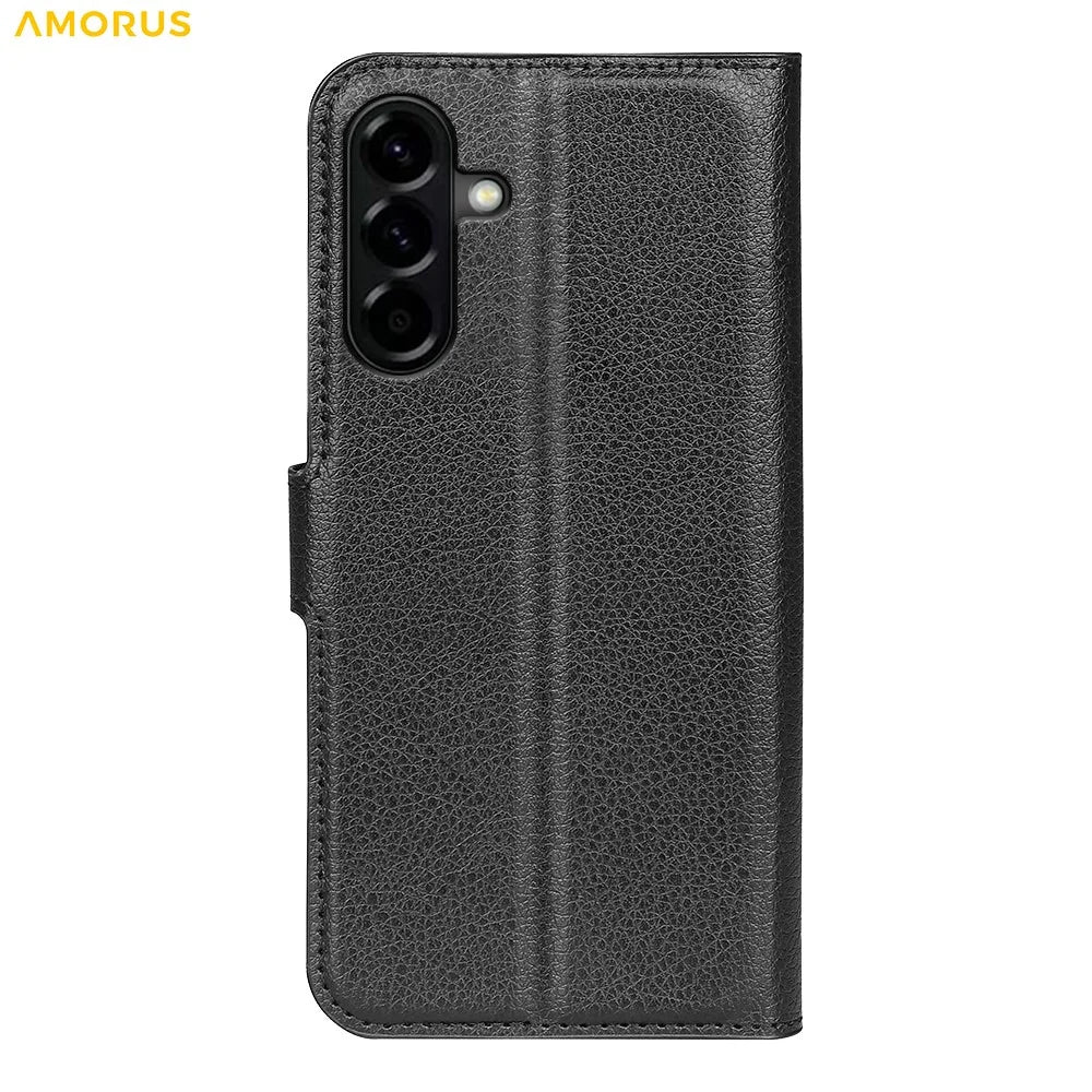 AMORUS For Samsung Galaxy A57 5G Wallet Case Litchi Texture Shockproof Leather Flip Stand Phone Cover - Black - 6