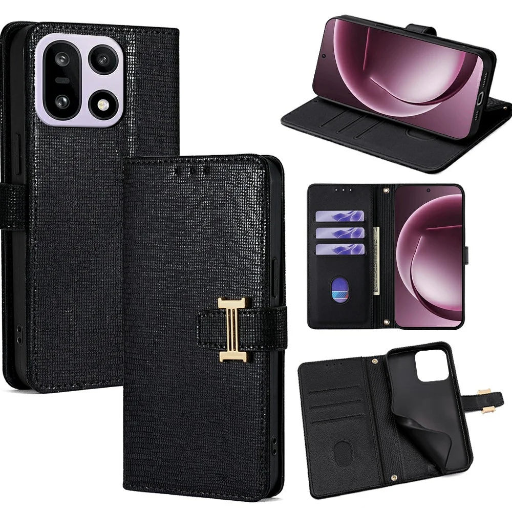 For OnePlus 15 5G Case Metal I-Buckle PU Leather Wallet Phone Cover - Black - 1