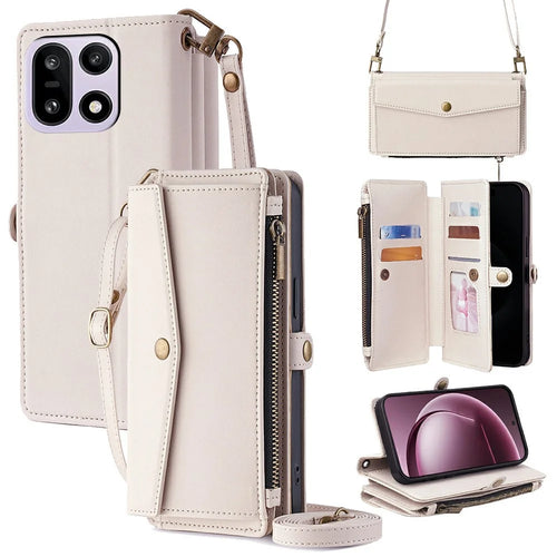 For OnePlus 15 5G Case Card Slots Zipper Purse PU Leather Phone Cover with Shoulder Strap - White - 1