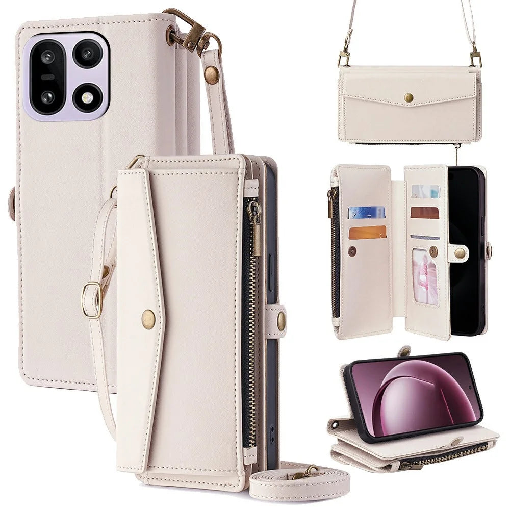 For OnePlus 15 5G Case Card Slots Zipper Purse PU Leather Phone Cover with Shoulder Strap - White - 1
