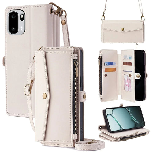 For OnePlus Ace 6T 5G / Ace 6 5G Case Card Slots Zipper Purse PU Leather Phone Cover with Shoulder Strap - White - 1