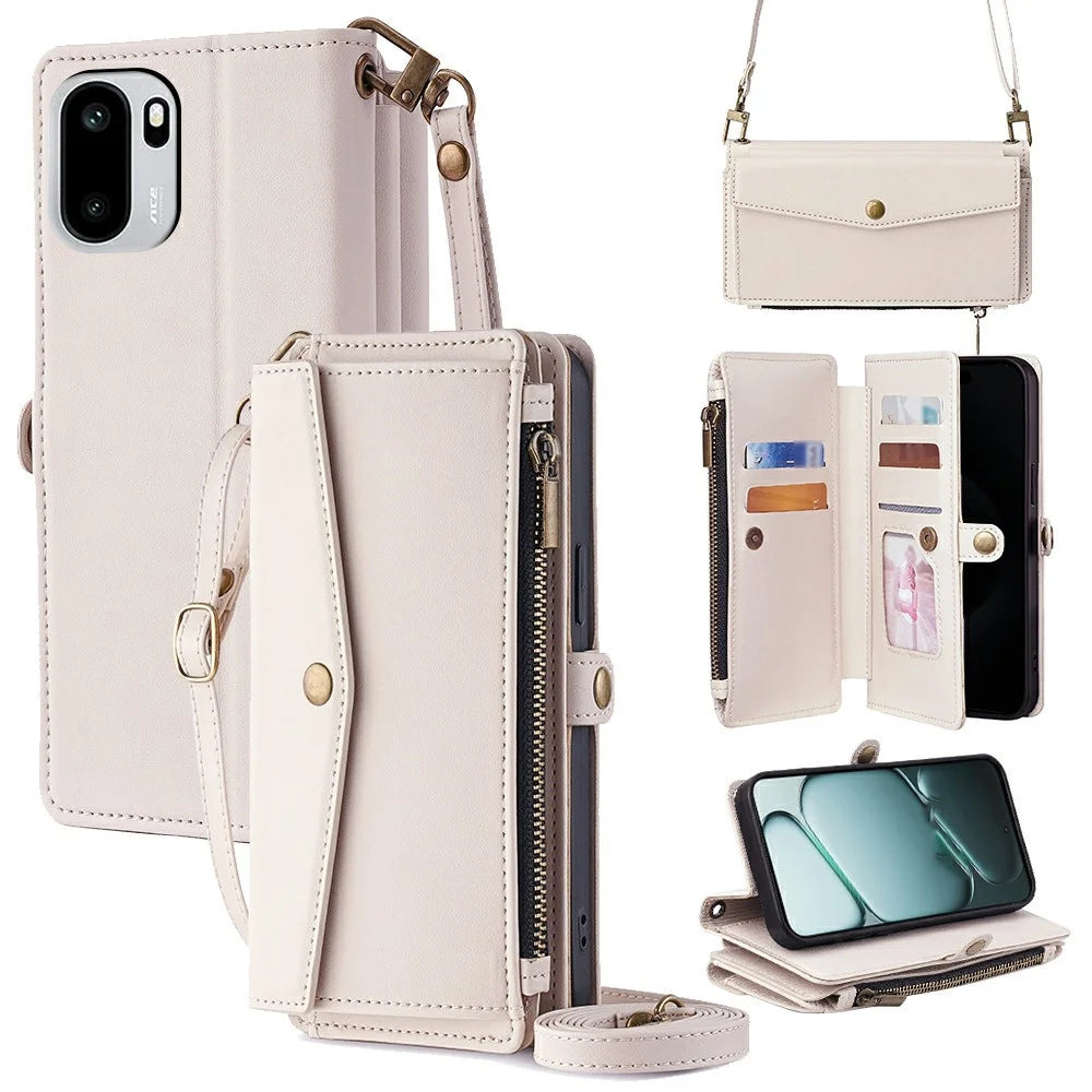 For OnePlus Ace 6T 5G / Ace 6 5G Case Card Slots Zipper Purse PU Leather Phone Cover with Shoulder Strap - White - 1
