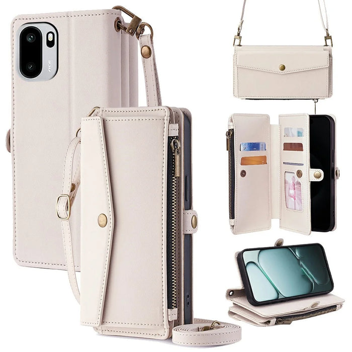 For OnePlus Ace 6T 5G / Ace 6 5G Case Card Slots Zipper Purse PU Leather Phone Cover with Shoulder Strap - White - 1