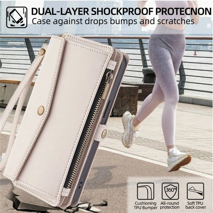 For OnePlus Ace 6T 5G / Ace 6 5G Case Card Slots Zipper Purse PU Leather Phone Cover with Shoulder Strap - White - 7