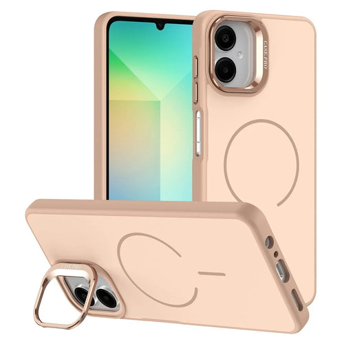 For Samsung Galaxy A06 4G Case Skin-touch PC + TPU Magnetic Phone Cover with Lens Frame Kickstand - Desert Gold - 1